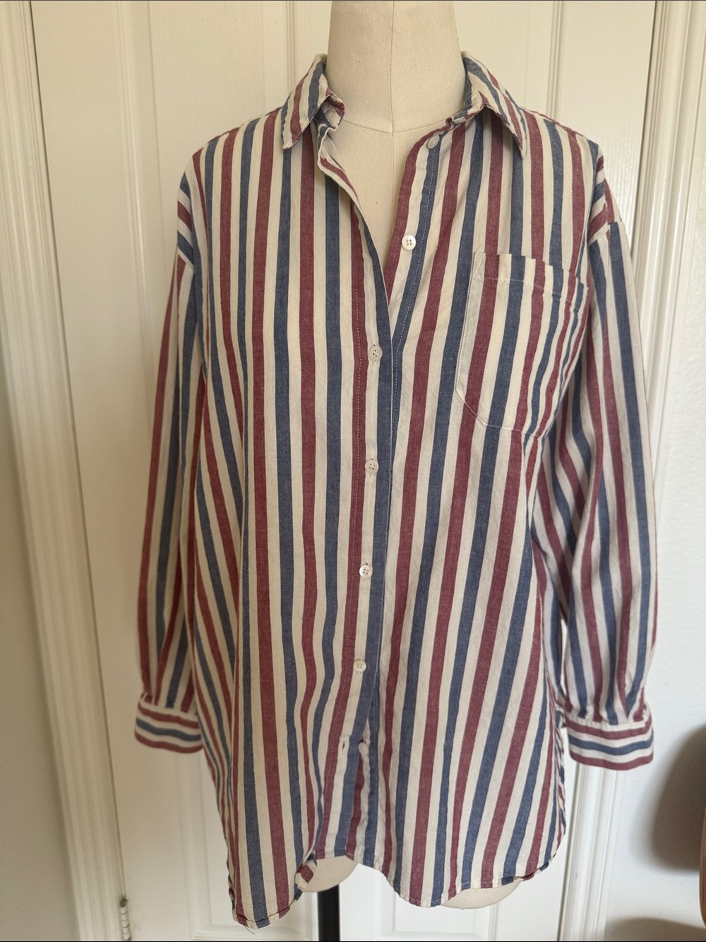 Sezane Max Striped Button-Down Shirt in Blue, Red, and White